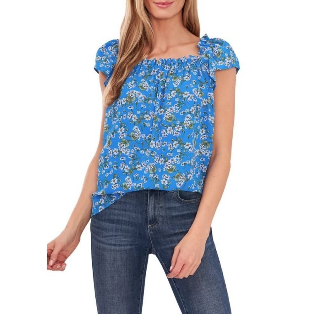 CeCe Women's Ruffled Square Neck Short Sleeve Floral Print Blouse in Blue Small
